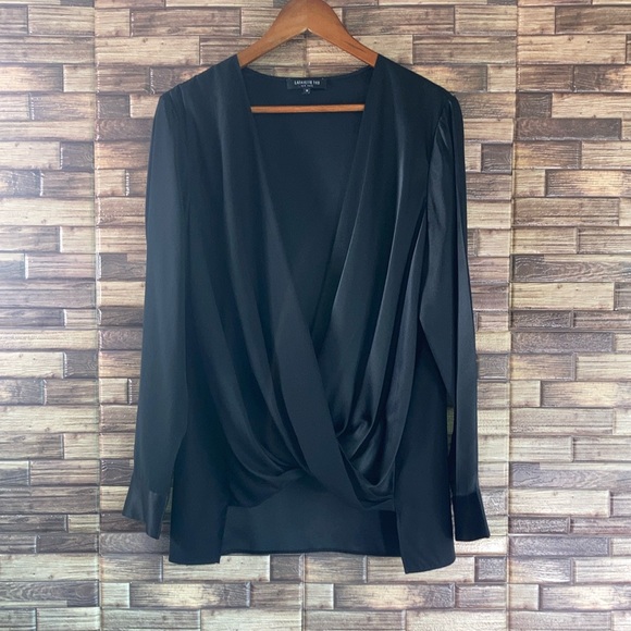 Lafayette 148 Navy Black Silk Combo Draped Long Sleeve Top Medium - Picture 1 of 9